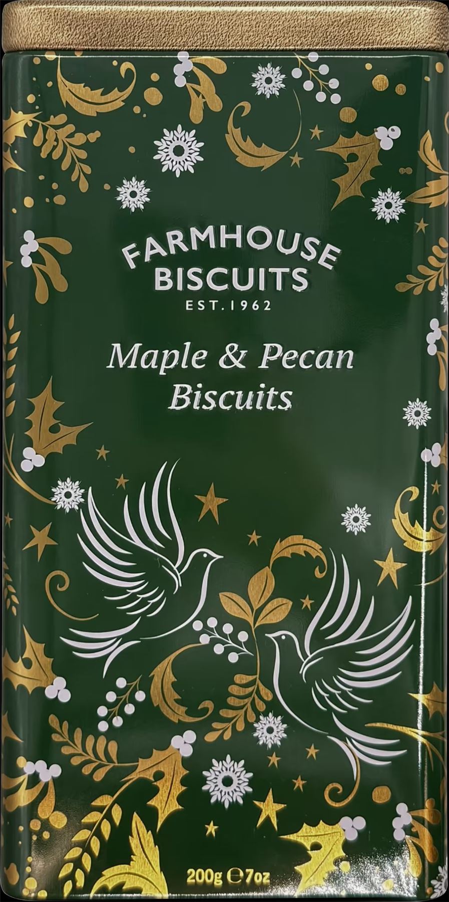 FARMHOUSE BISCUITS Maple & Pecan Biscuits in Green Triangle Tin 200g