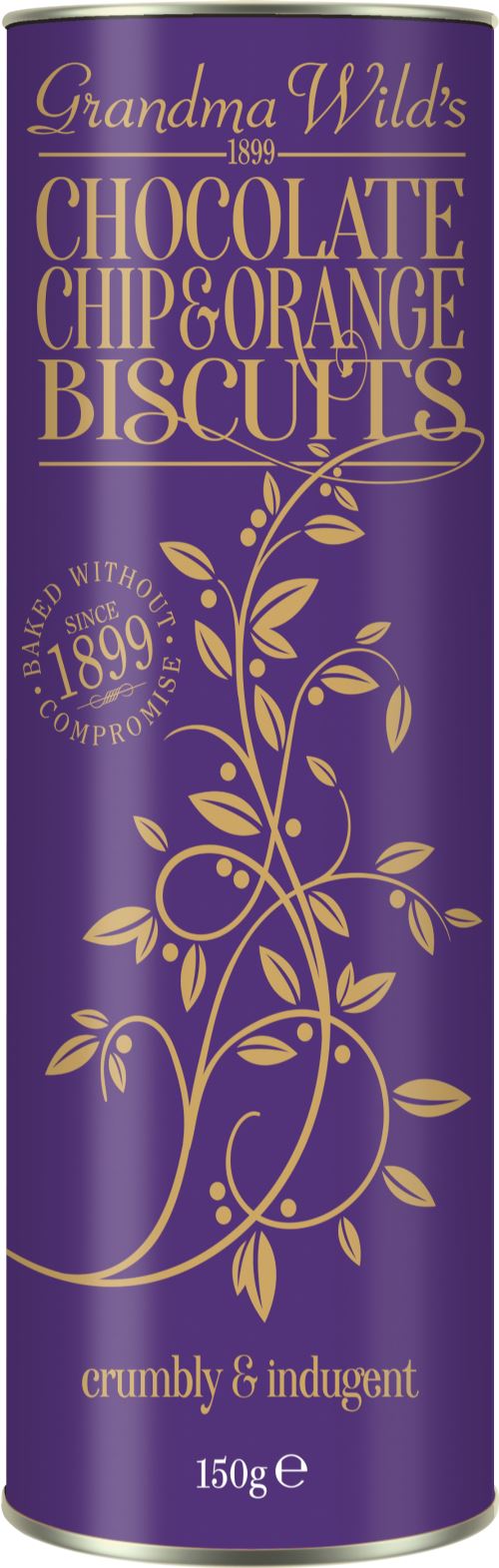 GRANDMA WILD'S Chocolate Chip & Orange Biscuits in Ornate Tube 150g