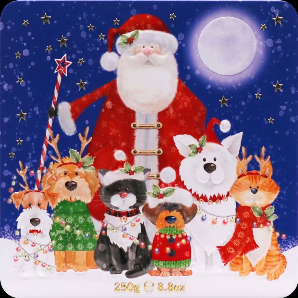 FARMHOUSE BISCUITS Cranberry & White Choc Chip Biscuits in Santa, Cat & Dog Tin 250g