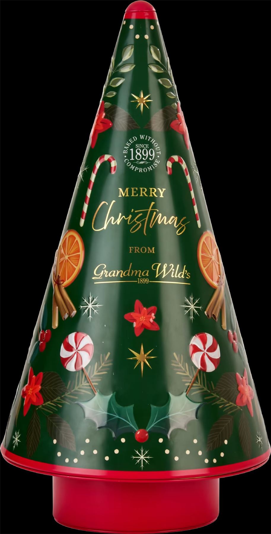 GRANDMA WILD'S Festive Gingerbread Shaped Biscuits in Embossed Musical Merry Christmas Tree Tin 250g