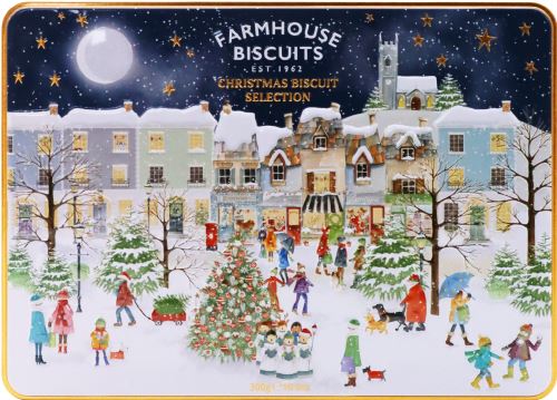 FARMHOUSE BISCUITS Assorted Biscuits in Winter Village Scene Tin 300g