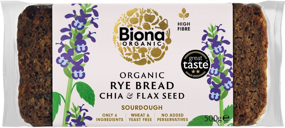 BIONA Organic Rye, Chia & Flax Seed Bread 500g - 1 Case