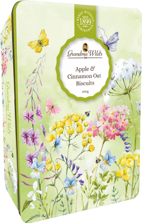 GRANDMA WILD'S Apple & Cinnamon Oat Biscuits in Wildflower Meadow Tin 300g