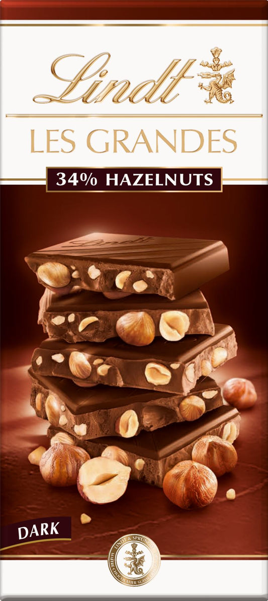 LINDT Les Grandes Dark Chocolate 34% Hazelnuts Bar 150g - 1 Case