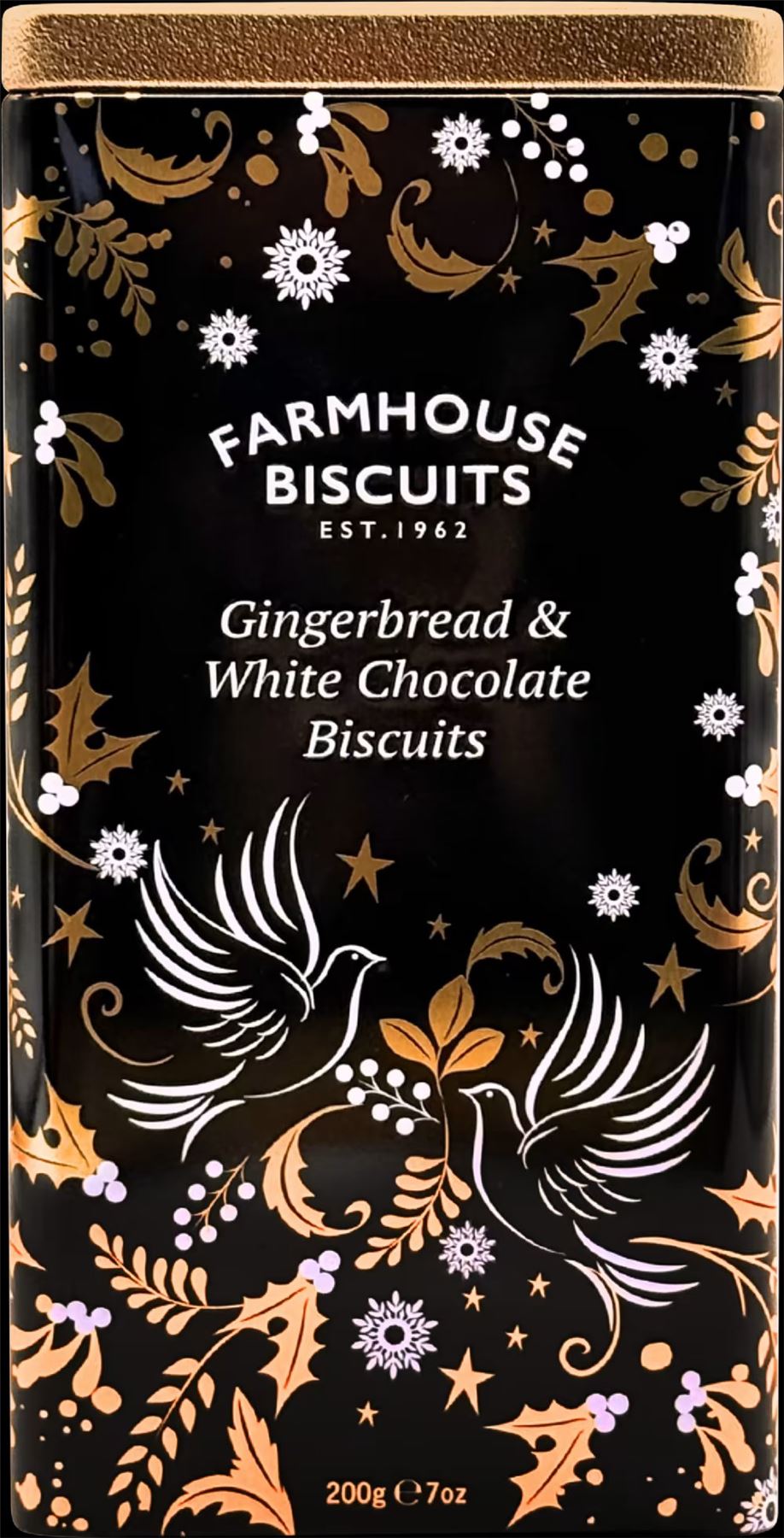 FARMHOUSE BISCUITS Gingerbread & White Chocolate Biscuits in Black Triangle Tin 200g