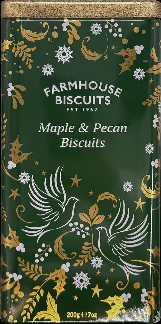 FARMHOUSE BISCUITS Maple & Pecan Biscuits in Green Triangle Tin 200g