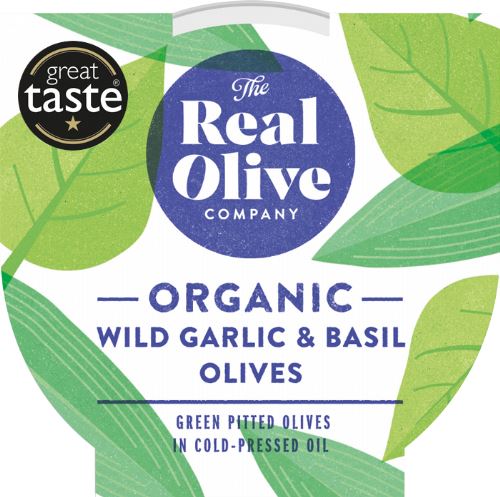 THE REAL OLIVE COMPANY Organic Wild Garlic & Basil Olives - Deli Pot 150g