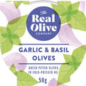 THE REAL OLIVE COMPANY Garlic & Basil Pitted Olives - Snack Pot 50g