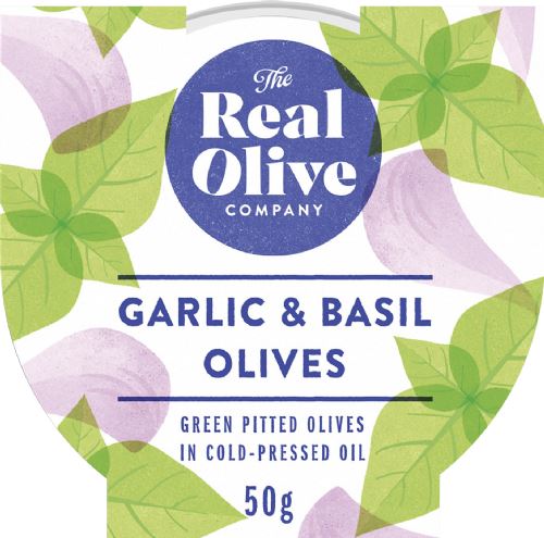 THE REAL OLIVE COMPANY Garlic & Basil Pitted Olives - Snack Pot 50g