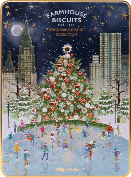 FARMHOUSE BISCUITS Assorted Biscuits in Winter City Skating Scene Tin 300g