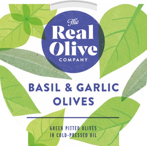 THE REAL OLIVE COMPANY Basil & Garlic Mammoth Pitted Olives - Deli Pot 160g