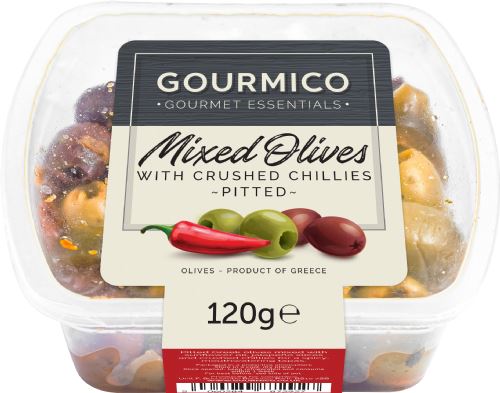 GOURMICO Pitted Greek Mixed Olives with Crushed Chillies - Deli Pot 120g