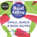 THE REAL OLIVE COMPANY Chilli, Garlic & Basil Pitted Olives - Deli Pot 160g