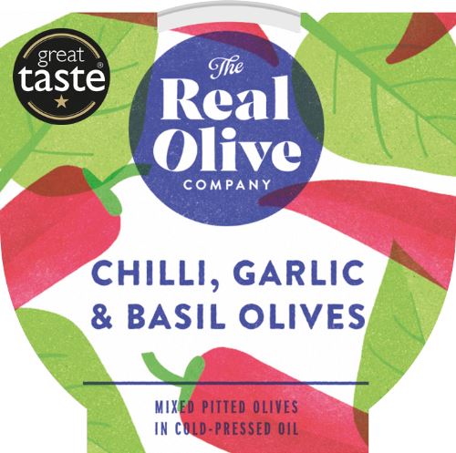 THE REAL OLIVE COMPANY Chilli, Garlic & Basil Pitted Olives - Deli Pot 160g