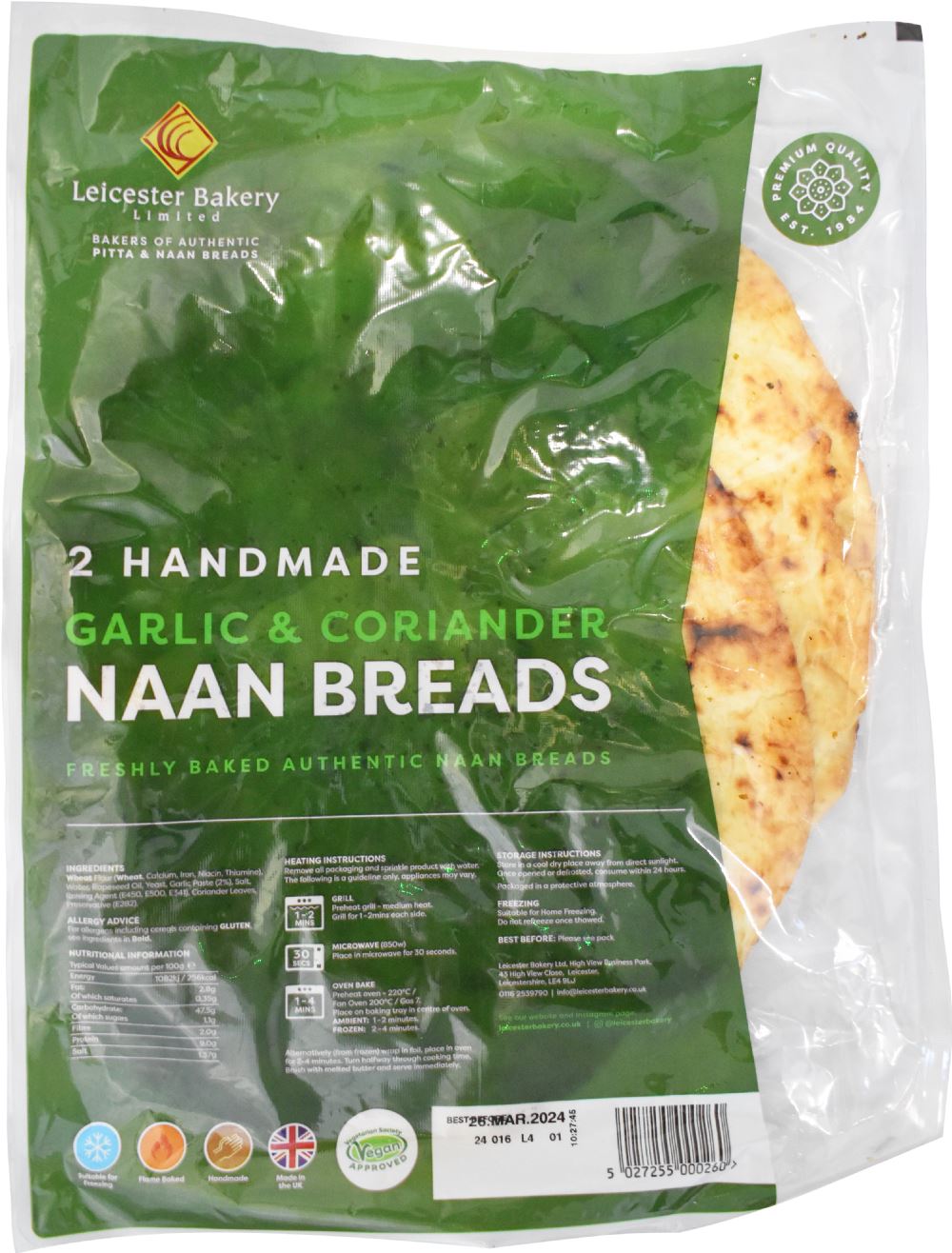 LEICESTER BAKERY 2 Handmade Garlic & Coriander Naan Breads - 1 Case