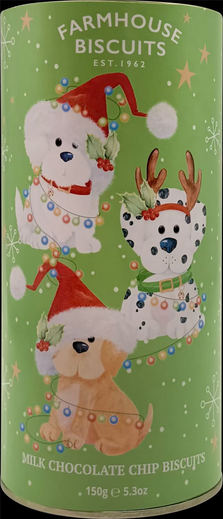 FARMHOUSE BISCUITS Milk Chocolate Chip Biscuits in Festive Puppy Tube 150g