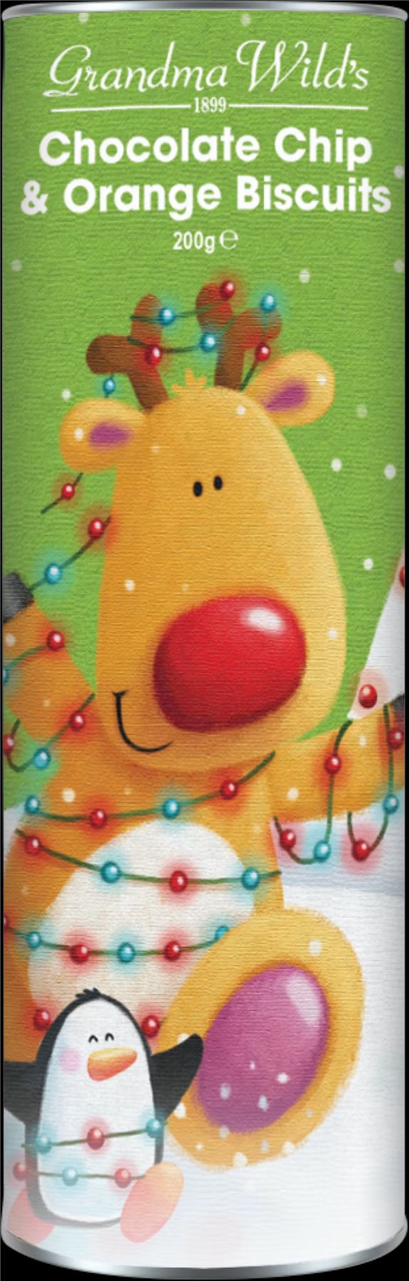 GRANDMA WILD'S Chocolate Chip & Orange Biscuits in Reindeer Giant Tube 200g