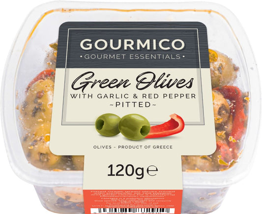 GOURMICO Pitted Greek Green Olives with Garlic & Red Pepper - Pot 120g - 1 Case