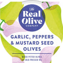 THE REAL OLIVE COMPANY Garlic, Peppers & Mustard Seed Pitted Olives - Deli Pot 160g