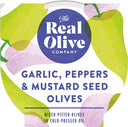 THE REAL OLIVE COMPANY Garlic, Peppers & Mustard Seed Pitted Olives - Deli Pot 160g (Case of 6)