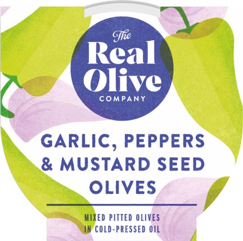 THE REAL OLIVE COMPANY Garlic, Peppers & Mustard Seed Pitted Olives - Deli Pot 160g