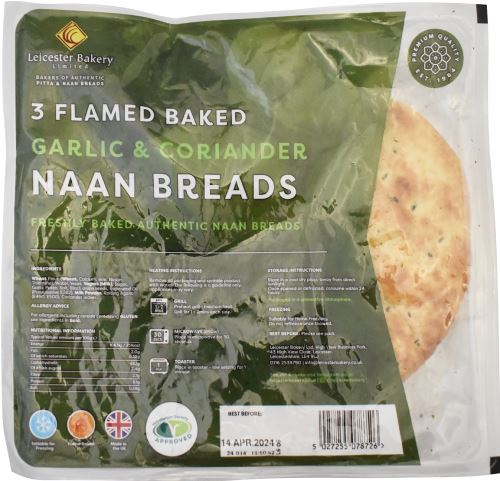LEICESTER BAKERY 3 Flame Baked Garlic & Coriander Naan Breads