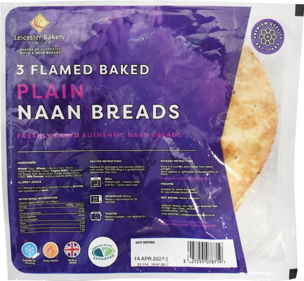 LEICESTER BAKERY 3 Flamed Baked Plain Naan Breads - 1 Case